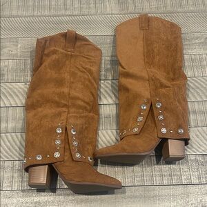 Elegant Tan Embellished Heeled Boots